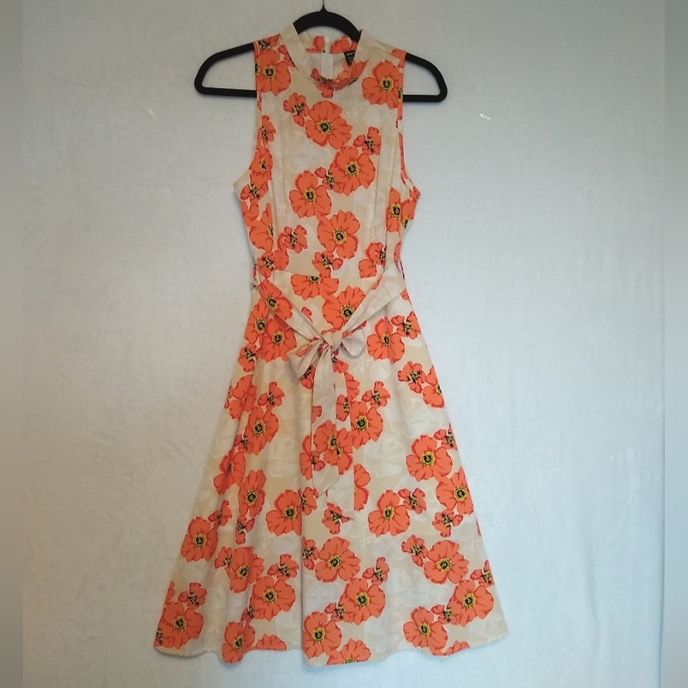 Floral Sleeveless Dress - Orange and Cream Poppies Lightweight Flowy Summer Med.